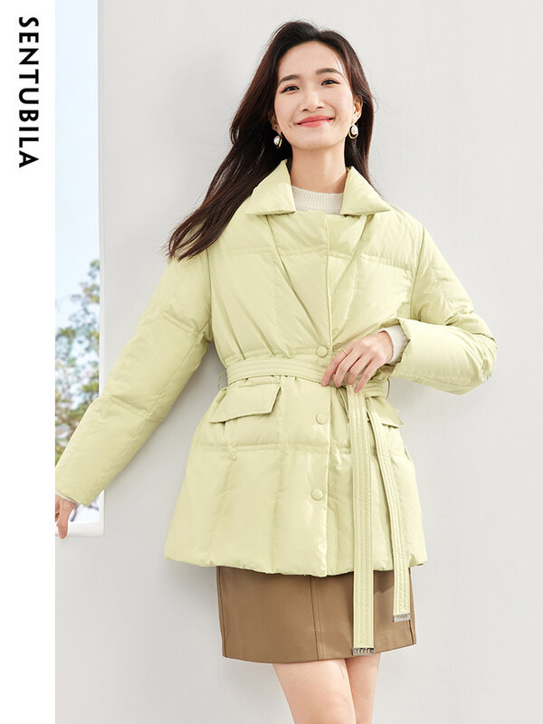 SENTUBILA Women Winter Fashion Casual Down Jacket 2023 Loose Notched Collar Warm Down Coat Windproof Jackets With Belt W34Y50538