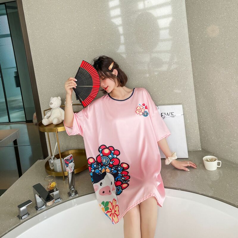 Camisones chinos de dibujos animados para mujer, vestido de pijama de talla grande, ropa de dormir de manga corta, vestido de una pieza, ropa de casa