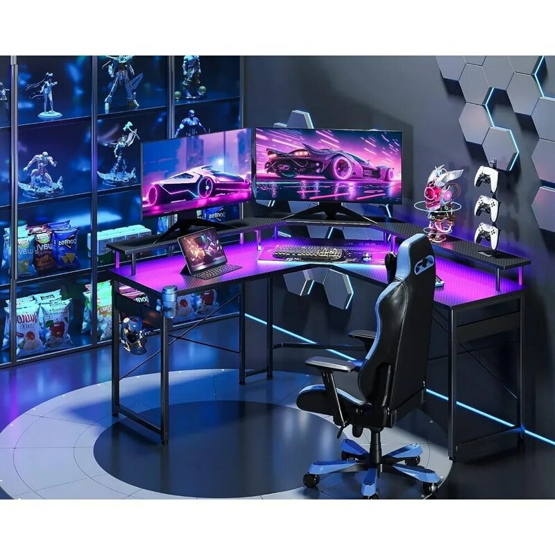 Shaped Gaming Desk with LED Lights & Power Outlets, 51" Computer Desk with Full Monitor Stand