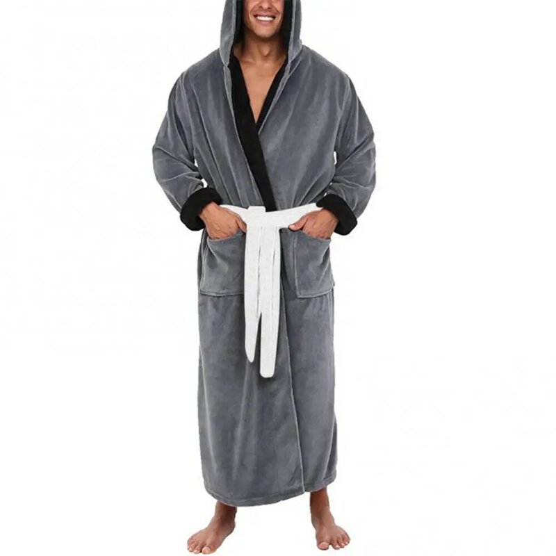Men Soft Coral Fleece Color Block Pockets Long Bath Robe Home Gown Sleepwear