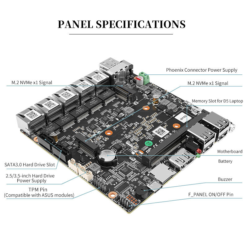 Mrroute-Mini Computador Fanless, 5 Lans, N100, DDR5, 16G SSD, 256G, 4 Ethernet Lans, DP e HDMI, Dual Displays, Win11