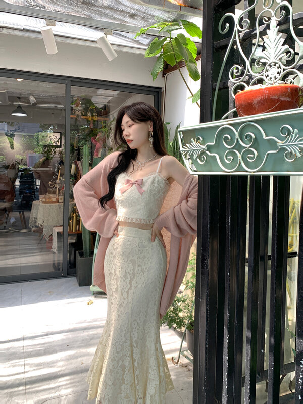 2023 Herfst Gebreid Vest Y 2K Crop Tops + Midi Rokken Kantoor Dame 3-delige Jurk Set Vrouwen Elegante Vintage Koreaanse Kleding