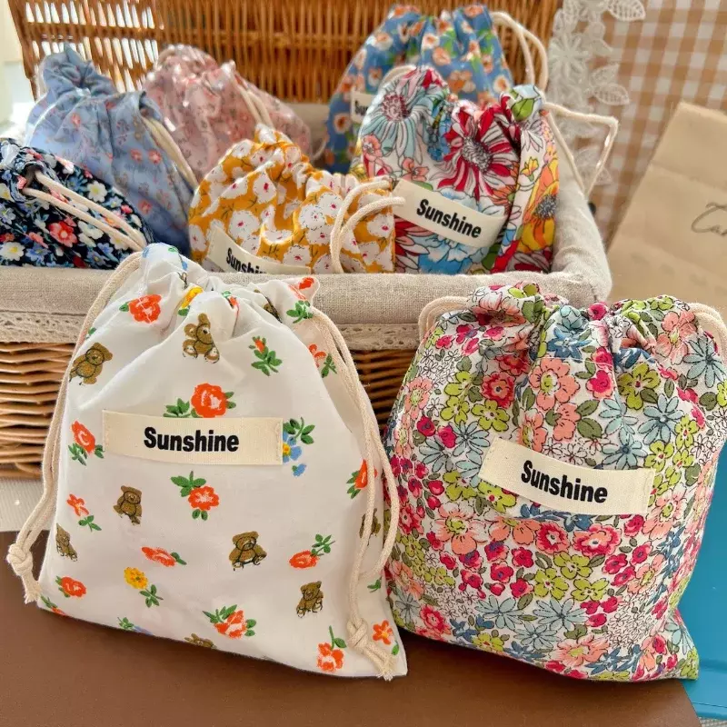 Printed Flower Mommy Bag Baby Diaper Bag Cotton Nappy String Pocket Stroller Carry Pack Travel Outdoor Diaper Storage Bag