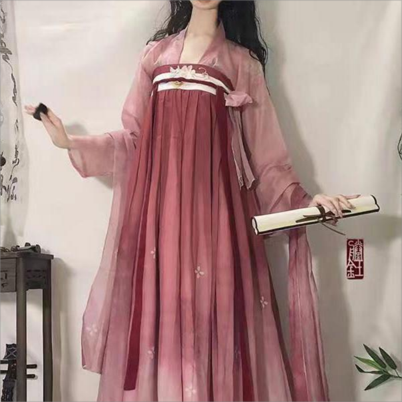 Hanfu baju dansa tradisional Cina wanita, kostum peri Hanfu kuno gaun pesta ulang tahun merah muda