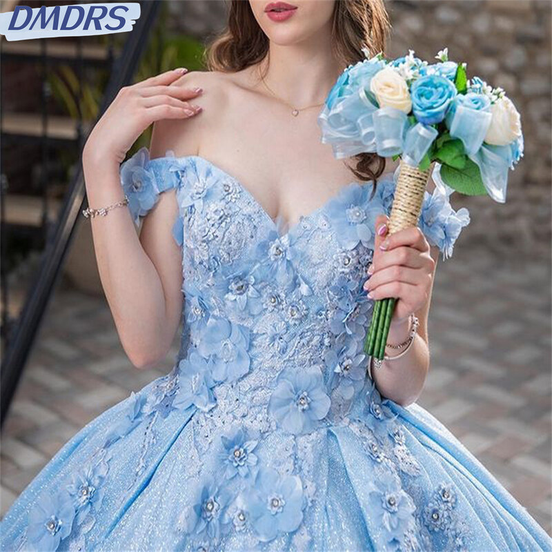 Shiny Sweetheart gaun Quinceanera gaun pesta gaun biru langit putri renda applique manik-manik kristal dari bahu untuk 16 tahun