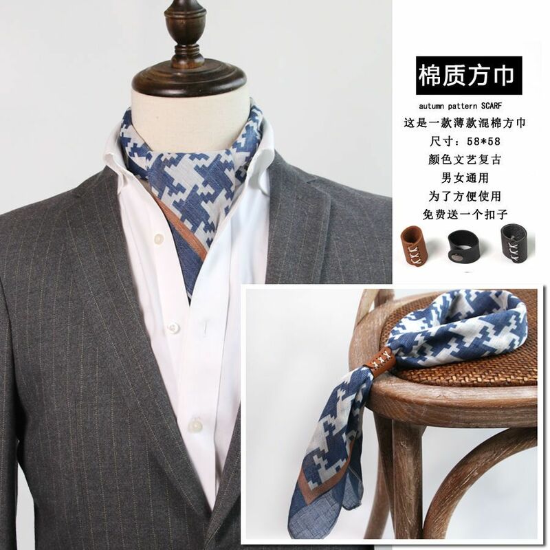 Lenço quadrado masculino com botões, lenço de algodão e linho, lenço de seda pequeno e fino britânico, macio, americano, primavera, outono