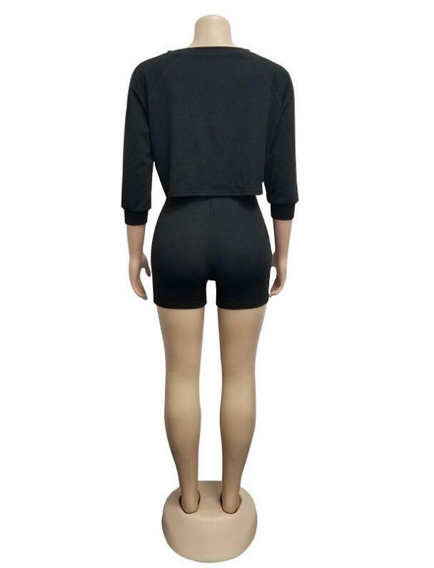 Woman 2pcs Suit Solid Color Short Sleeve Bandage Crop T-shirt+Hot Short Tracksuit M