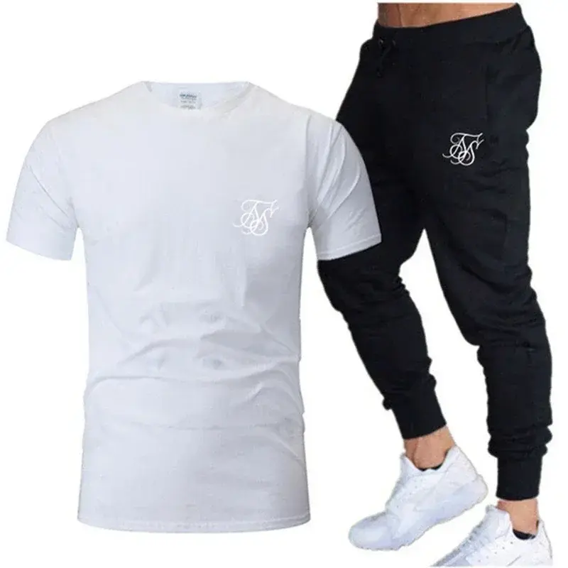 Setelan kasual olahraga pria, kaus + celana kasual 2 potong pakaian olahraga kebugaran pria Musim Panas 2024