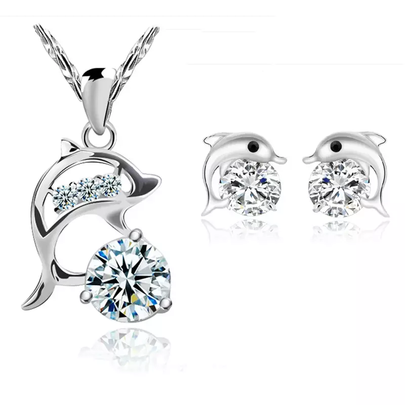 Lihong 925 Sterling Silber Sakura Delphin Zirkon elegante Schmuck Set Damen Ohrringe Halskette hochwertigen Schmuck
