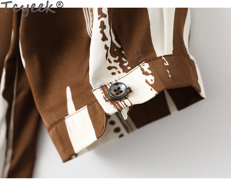 Tcyeek-camisa de seda feminina, top de manga curta, listrada, 92%, elegante, moda, verão, 2024