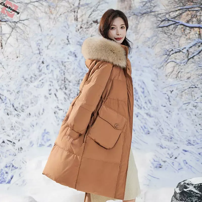 Pregnant Woman White Duck Down Coats Fur Fox Collar Hooded WarmOversize Winter Long Jackets Clothes Loose Parkas Black Clothing