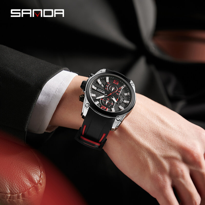 Sanda-Montre-bracelet étanche en acier inoxydable pour homme, bracelet en silicone, calendrier à quartz, horloge de haute qualité, mode 2024, 5305
