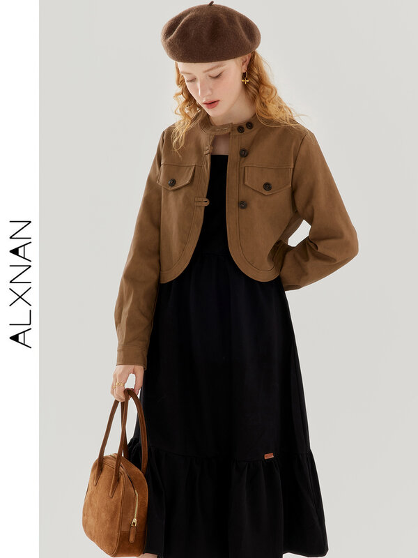 ALXNAN Vintage Leather Jacket Dress Suit For Women 2024 Autumn Winter Design Short Jacket Suspender Dress Sold Separate TM00603