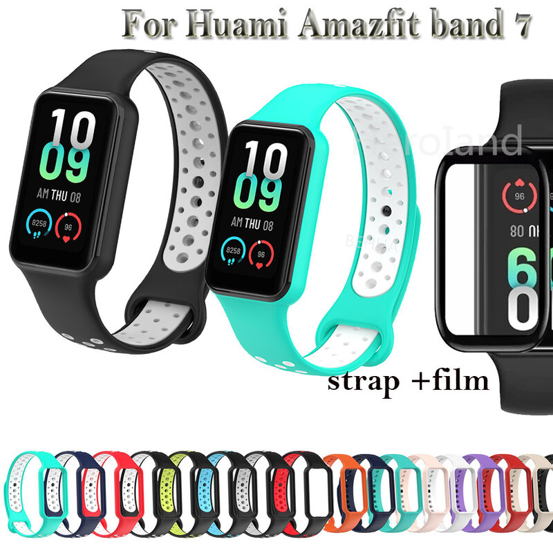 Fashion Silicone WatchStrap For Huami Amazfit Band 7 SmartWatch Band Bracelet Wristband For Amazfit band7 Strap Buckle +film