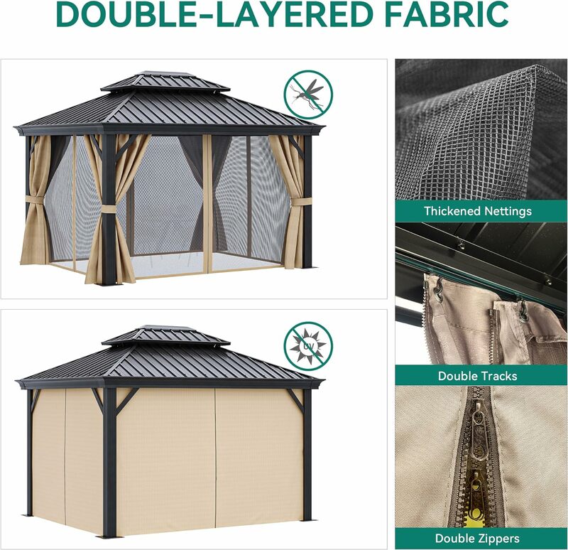Gazebo telhado duplo Hardtop com redes e cortinas, aço galvanizado resistente, listras verticais ao ar livre, 10x1 0/12ft