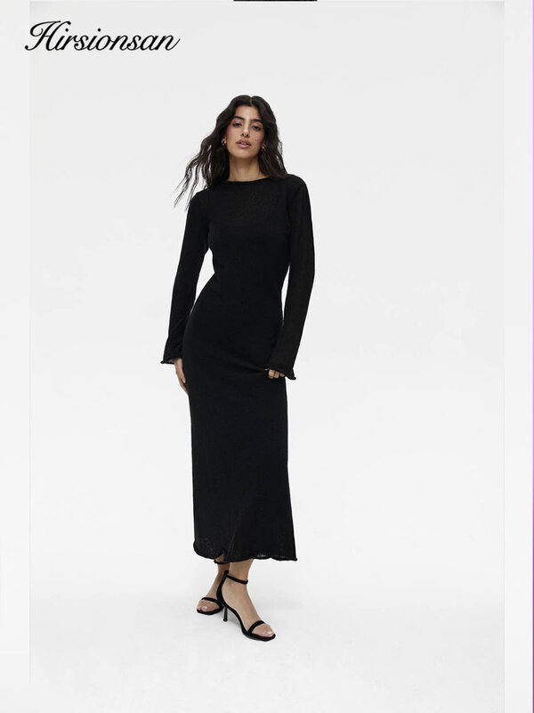 Hirsionsan Spring Autumn O-Neck Elastic Knit Long Dresses Women 2024 Elegant Chic Soft Lady Hollowing Sweater Dresses Femme New