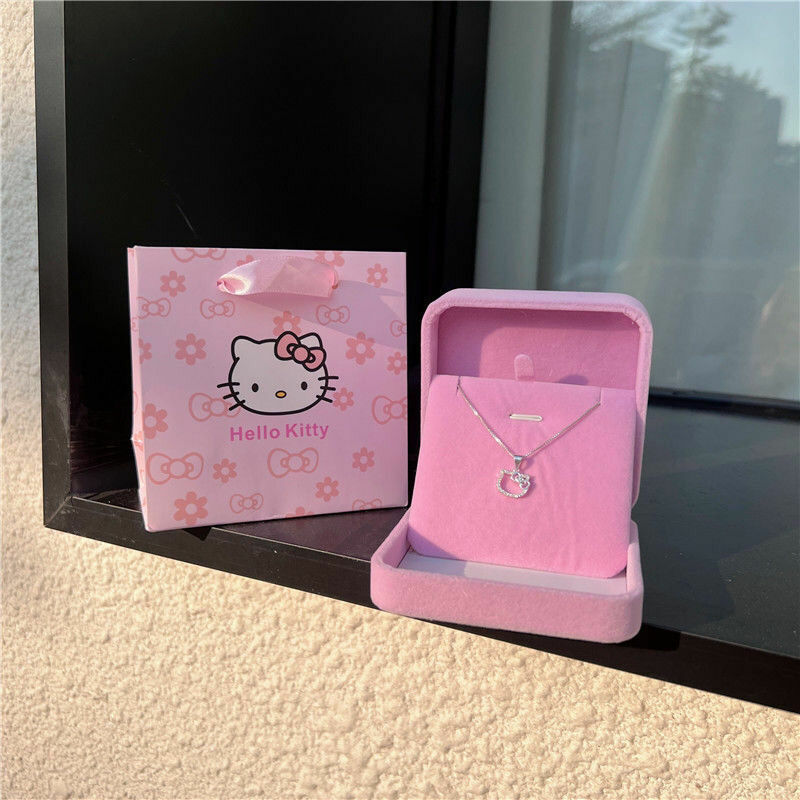 Collar de cristal Rosa Sanrio de Hello Kitty, cadena de joyería de Anime de aleación de plata, encanto femenino, accesorios de San Valentín, regalo para niña