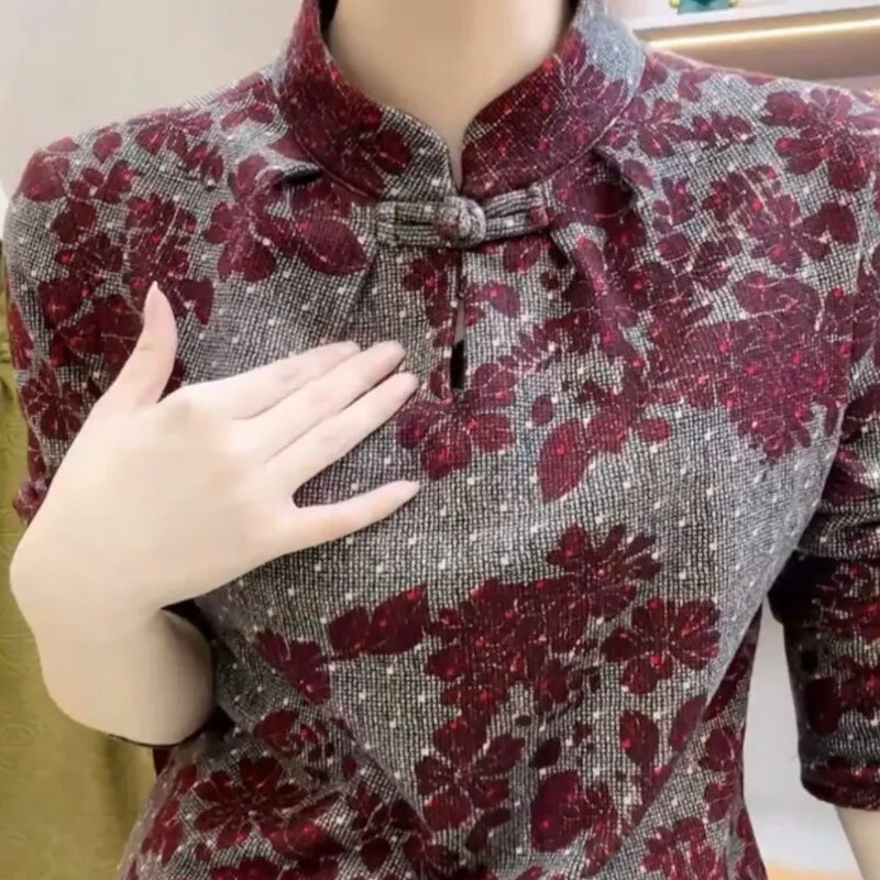 Camisa con estampado Floral Vintage para mujer, blusa de cuello alto holgada con hebilla de disco chino, ropa de primavera y otoño