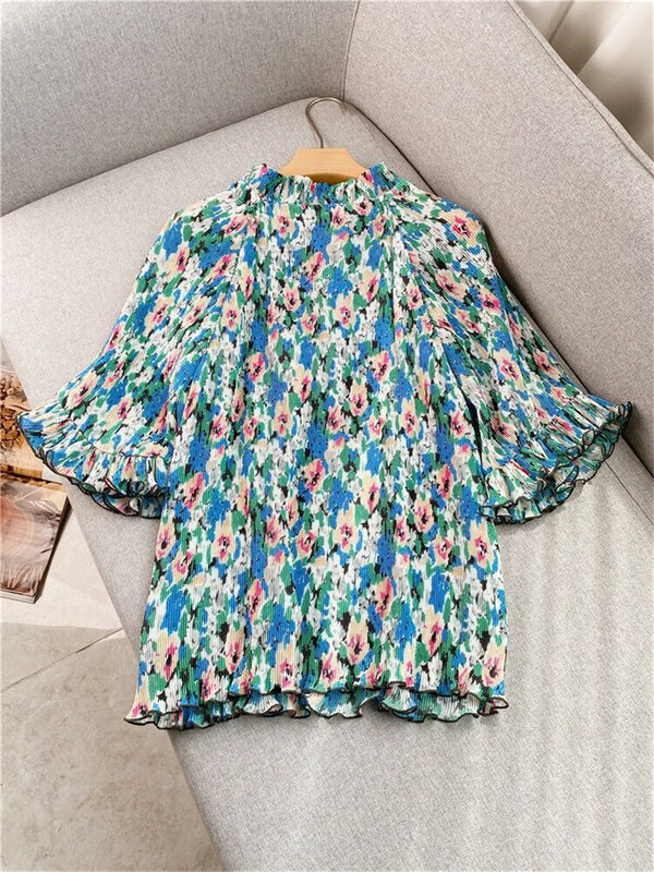 Women New Spring Chiffon Necklace tie Sexy Ruffled Sweet Blue Floral Elegant Vintage Tops Butterfly Sleeve Lightweight Blouses