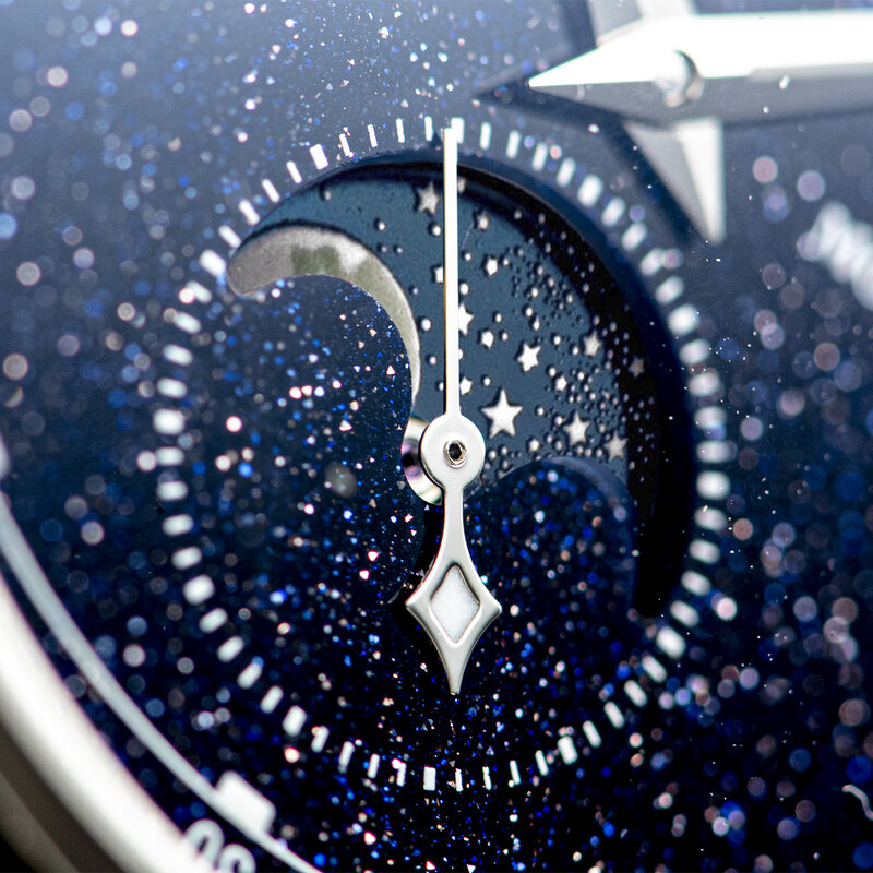 Supeso Moonphase jam tangan mewah pria, arloji stainless steel 316L ST2528 gerakan batu permata Dial bintang
