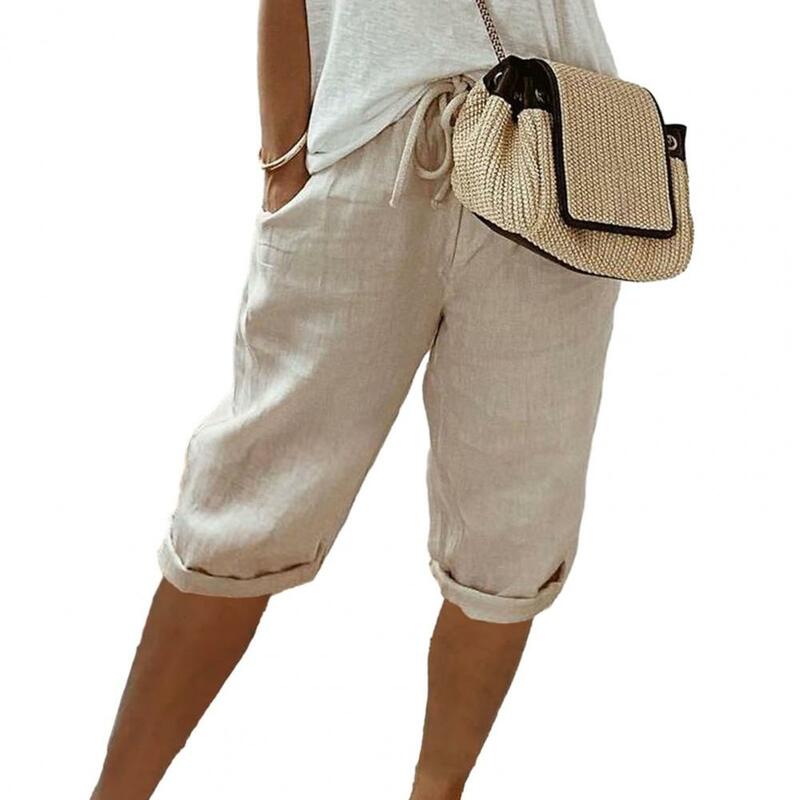 Calças de cintura elástica com bolsos para mulheres, estilo vintage, respirável, comprimento do joelho, cordão, calças sólidas