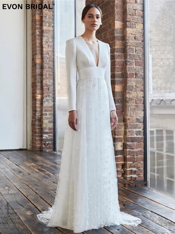 EVON BRIDAL Simple Long Sleeves Modest V-Neck Wedding Dresses for Women Floor Length Backless Stain Lace Mermaid Prom Dresses