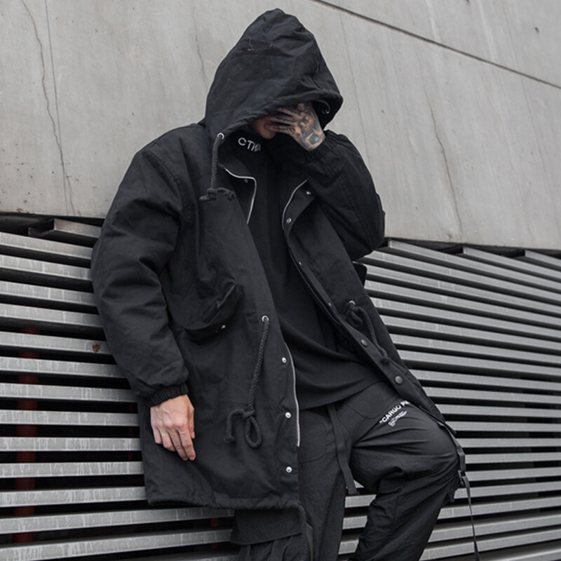 Technologie Harajuku pour homme, manteau coupe-vent à cordon de serrage, parka épaisse à capuche, couleur unie, vêtement d'extérieur, hiver