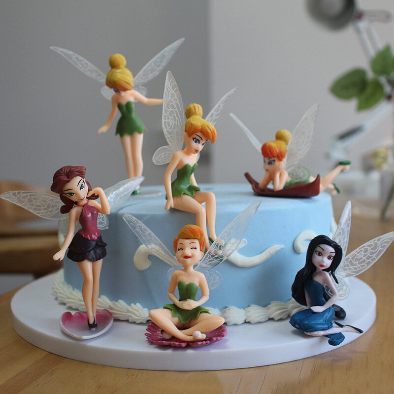 ディズニー-花の妖精のベルの置物,6個,漫画のフィギュア,プリンセスフィギュア,ケーキの装飾,子供のための装飾