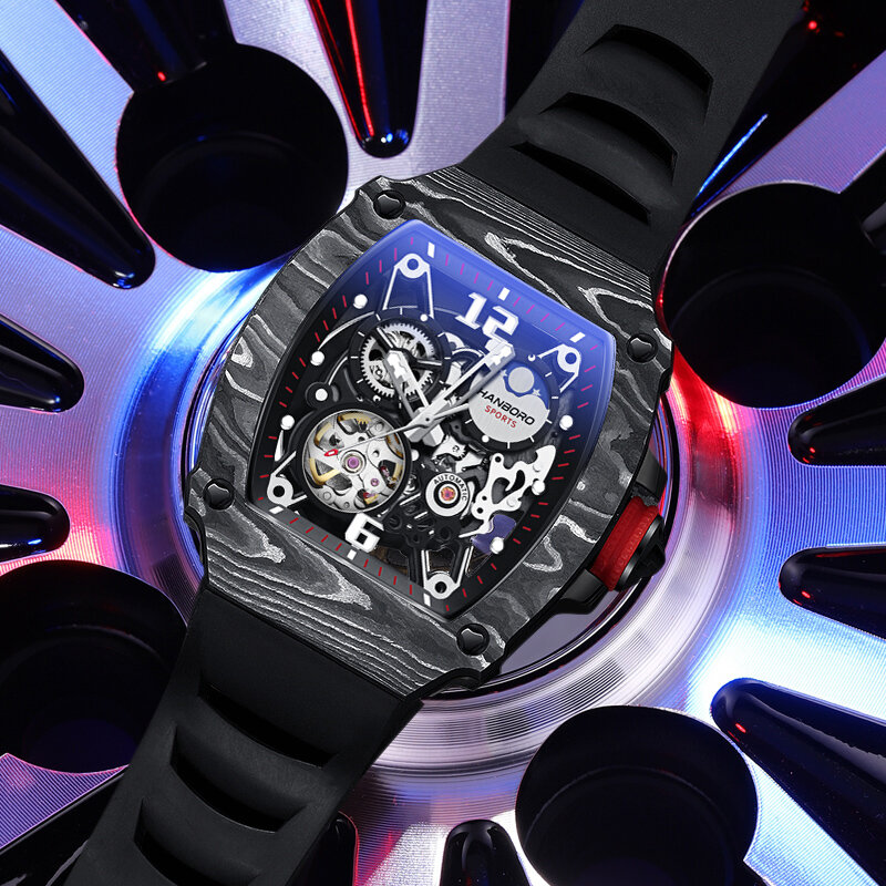 HANBORO-Relógio masculino de luxo com caixa, fibra de carbono automática, vento automático, relógio mecânico, marca de topo, relógio mecânico, 2022