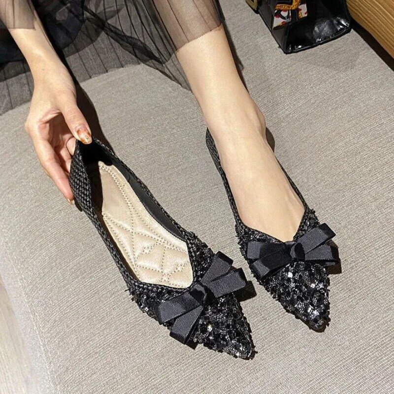 Slip on Pointed Toe Ladies Shoes Black Women Footwear with Bow and Low Price Trends 2024 Luxury Offer Offers 39 A
