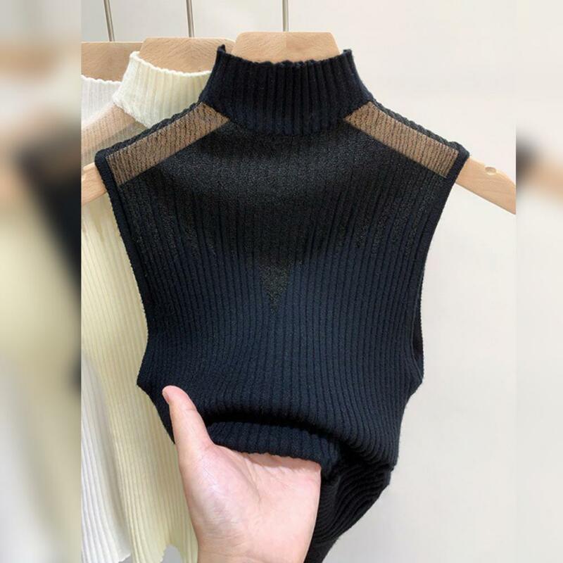 Half-high Collar Knit Top Elegant Women's Knitted Mesh Patchwork Tank Top Sleeveless Soft Pullover Half-high Collar Solid Color