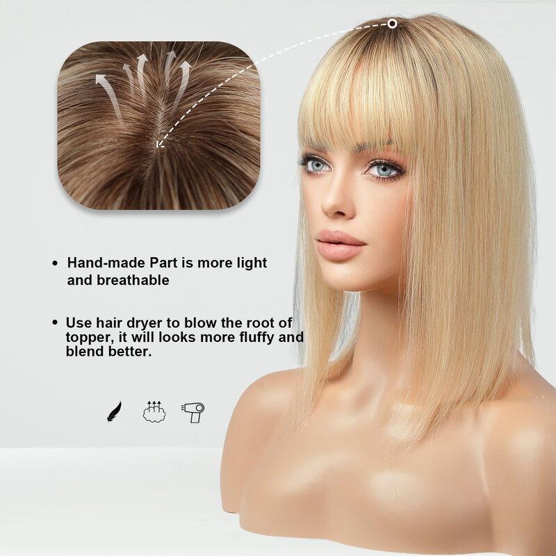 Topper rambut manusia pirang dengan poni akar gelap lurus Remy rambut manusia sutra dasar klip atas dalam ekstensi rambut untuk wanita sehari-hari
