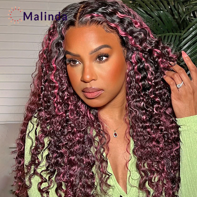Brazilian Highlight Burgundy Curly 13x4 Lace Front Human Hair Wig Ombre 1b/99j Transparent Lace Frontal Human Hair Wig For Women