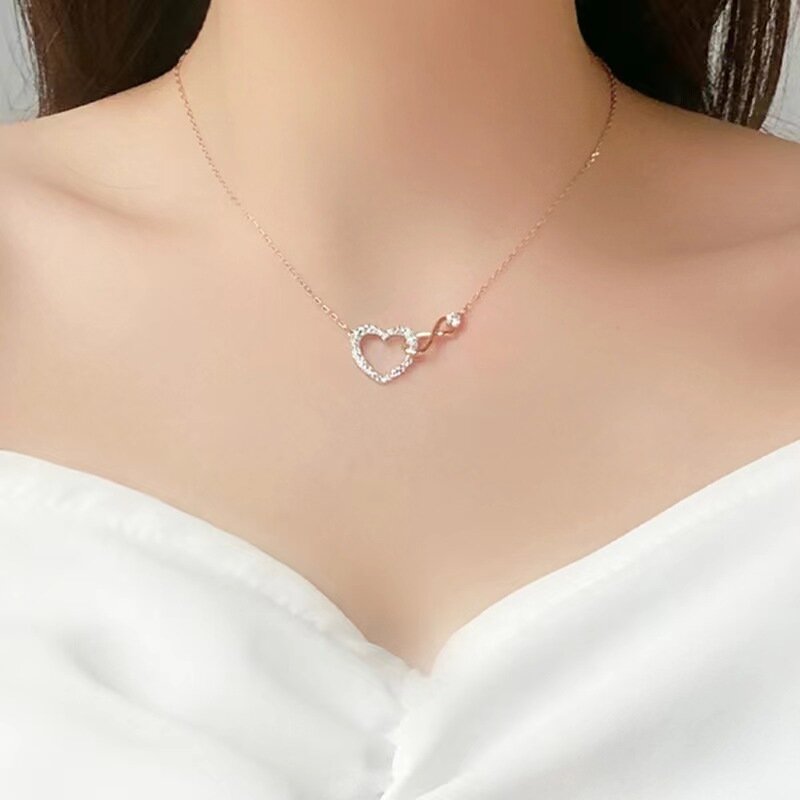 SWARQSK elemento originale catena di clavicola a forma di cuore di cristallo, collana di ragazza di amore eterno in oro rosa, regalo di compleanno di alta qualità