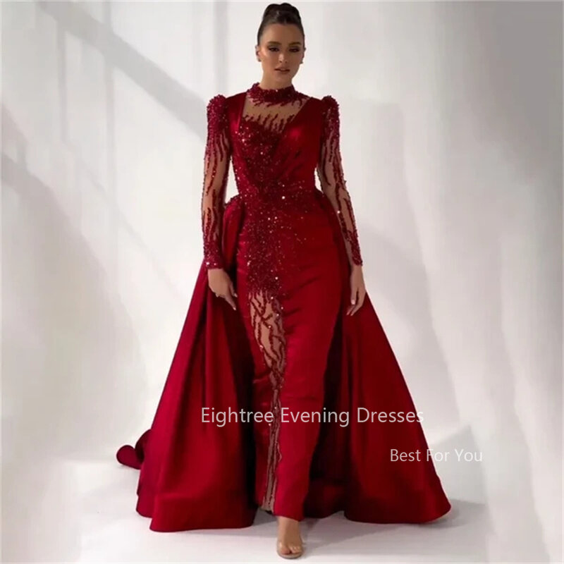 Eightree-Sequins Lace vestido de cetim, vestidos frisados, personalizados, mangas compridas, luxo, vermelho escuro, vestidos de sereia, Dubai Formal