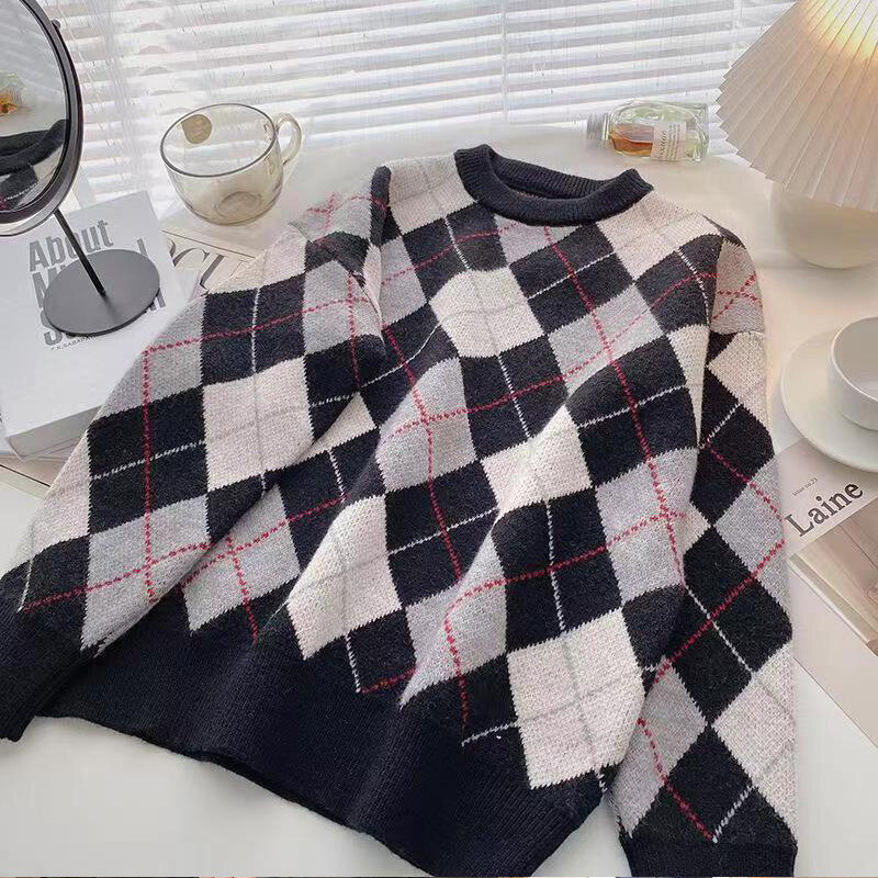 DAYIFUN Sweater Women's Round Neck Colorblock Plaid Knitted Pullover Autumn Winter Korean Loose Long-sleeved Knit Jumpers Inside