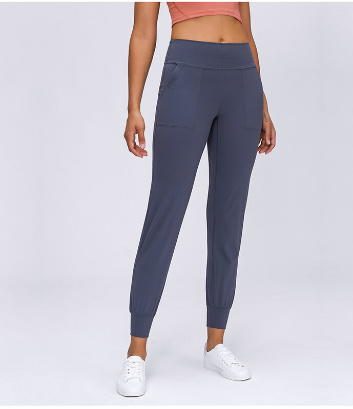 Pantalones holgados de cintura alta con bolsillos para correr, pantalones de chándal elásticos suaves para entrenamiento deportivo