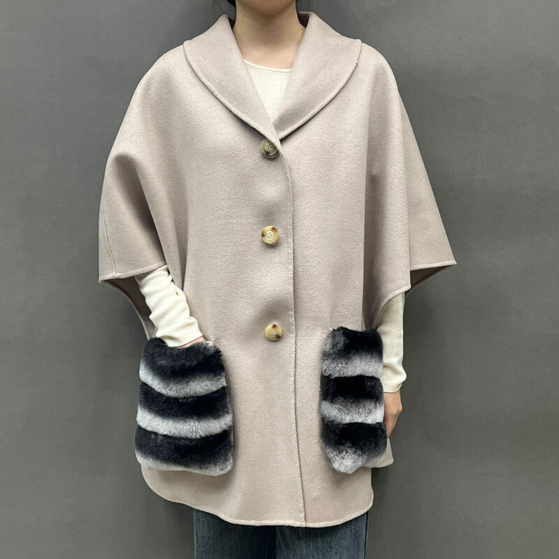 Spring Autumn Real Cashmere Jacket With Fur Pocket Wool Waistcoat Women Fashion Shortsleeve Fur Pocket Streetwear