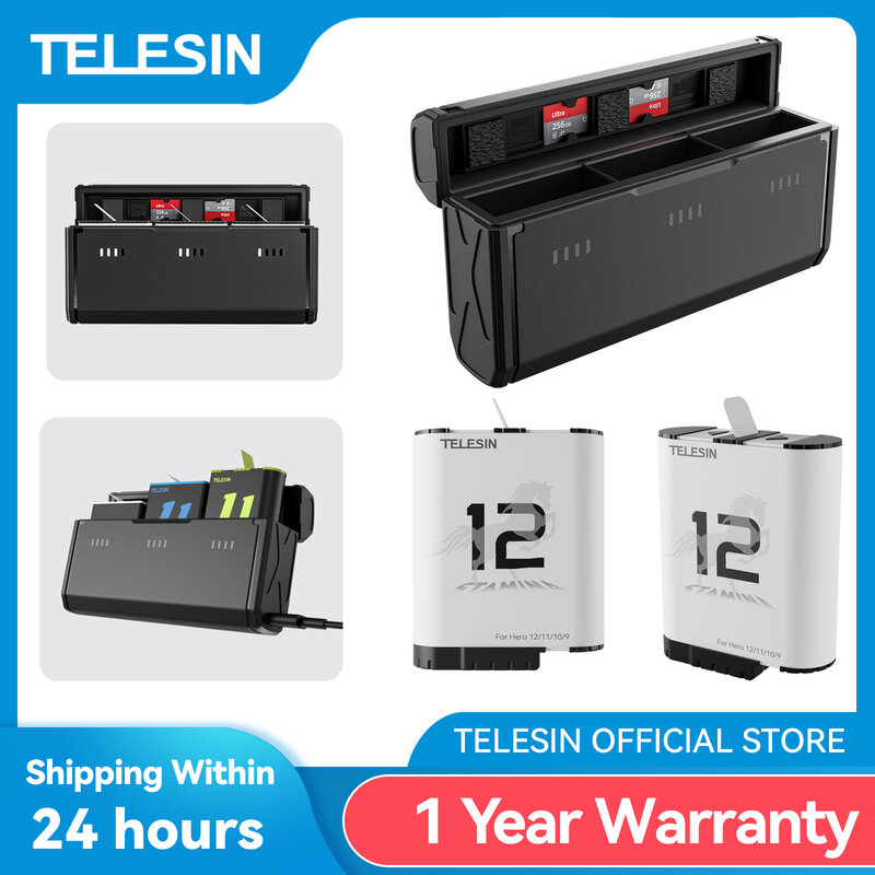 TELESIN-batería Endurence para GoPro Hero 12, 11, 10, 9, 1750 mAh, 3 ranuras, tarjeta TF, almacenamiento, cargador, caja