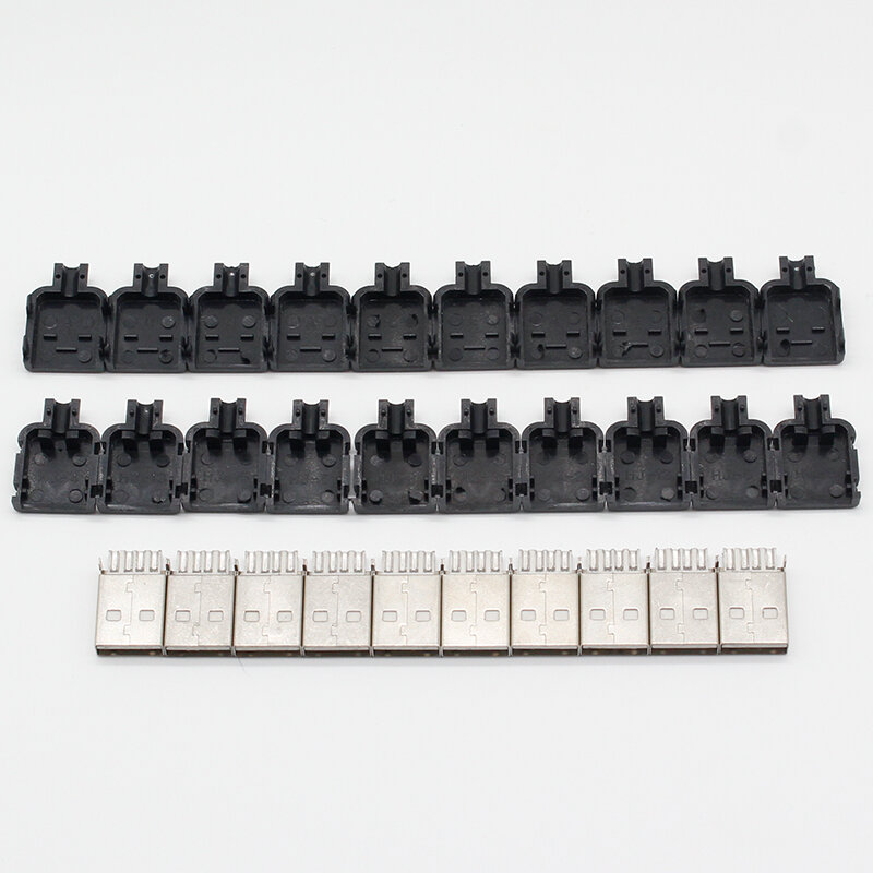 ปลั๊กต่อ2.0 USB แบบ DIY 10ชุดปลั๊กอะแดปเตอร์ชนิด4ขาประกอบซ็อกเก็ตชนิดบัดกรีเปลือกพลาสติกสีดำสำหรับการเชื่อมต่อข้อมูล