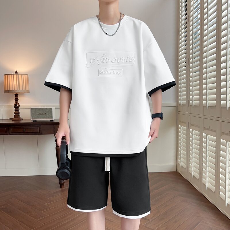 남성용 O-넥 레터 포밍 프린트 티셔츠, 신축성 드로스트링 허리 와이드 레그 반바지 수트, 캐주얼 운동복, 2 피스 세트, 여름