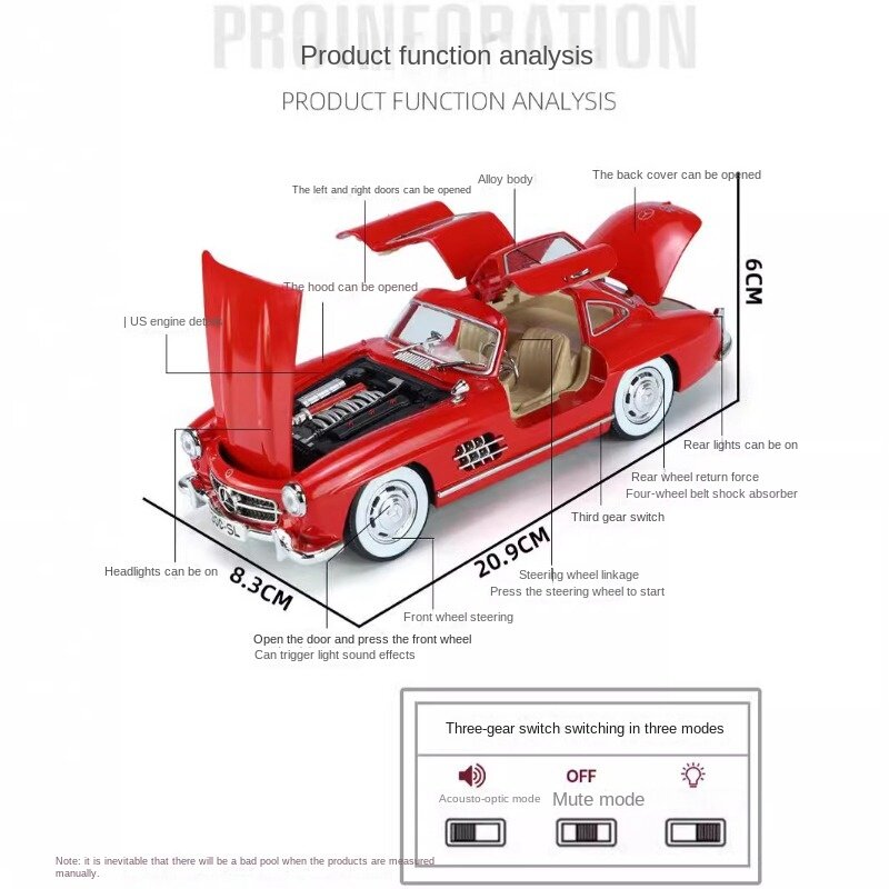 Simulation 1/24 Benz 300SL Vintage Classic Car Model With Sound Light Children Diecast Toy Vehicle Boy Gift Collective Voiture