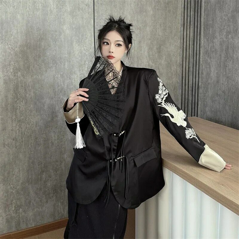중국 스타일 국가 헐렁한 코트, 여성 디자인 감각 새틴 기계 자수, 우아한 다목적 상의, 신상