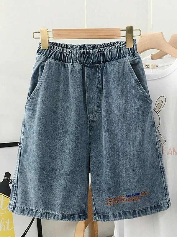 Letnie damskie spodenki jeansowe niebieskie wysokiej talii wyszywane litery elastyczna talia luźna prosta krótkie spodnie casualowe w stylu Streetwear