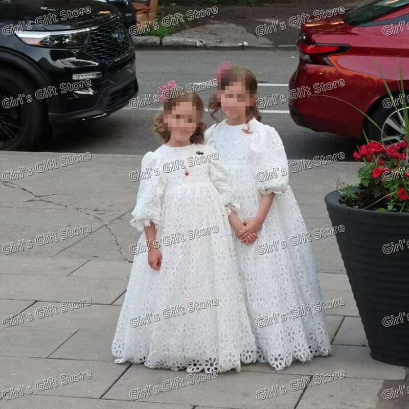 Vestidos de encaje con ojales para niña, vestidos de princesa para boda, cintura alta, bonito desfile, manga de globo, primera comunión