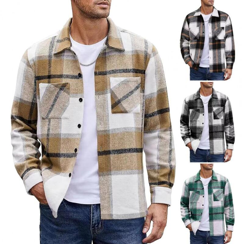 メンズヴィンテージチェックシャツ,ポケット付き長袖ジャケット,暖かいコート,スタイリッシュなラペル,秋冬