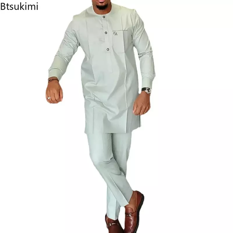 Conjunto de ropa informal para hombre, Top de manga larga y pantalones, Dashiki, camisetas y pantalones, color liso, 2024