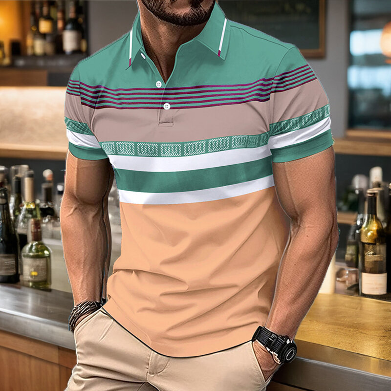 Мужская летняя рубашка-поло с отложным воротником и короткими рукавами, повседневная воздухопроницаемая Высококачественная футболка с 3D-принтом, Свободные европейские и американские размеры