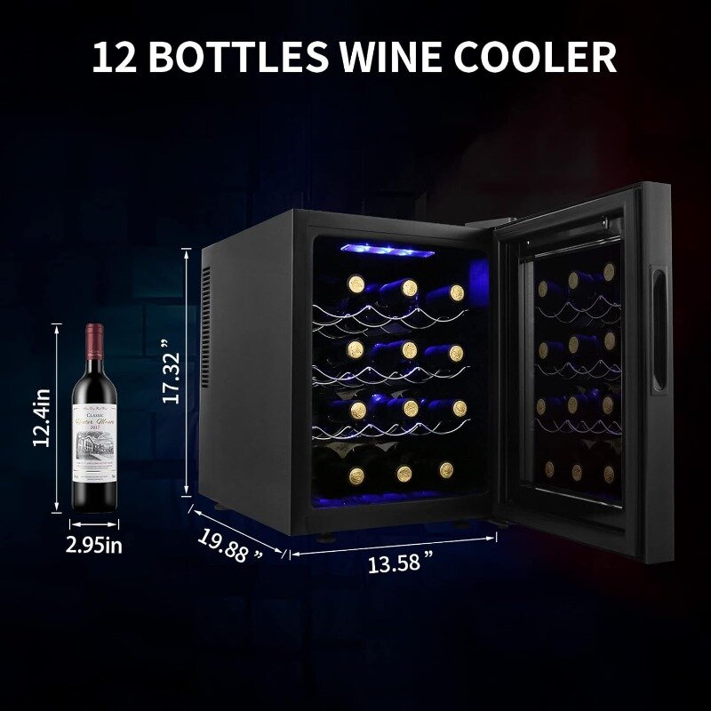 ミニワインクーラー冷蔵庫、12ボトルワイン冷蔵庫、コンパクト、デジタル温度制御、静音操作、熱電