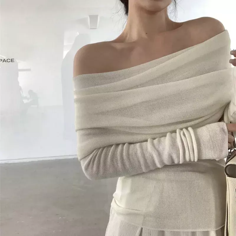 Slim Slash Neck Pullovers Women Knitted Gentle Elegant Off Shoulder Autumn Winter Long Sleeve Streetwear Sexy Pleated Female